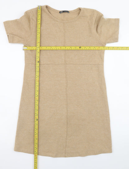 Zara Women Beige Size 10 Shift Short Sleeve Knit Dress