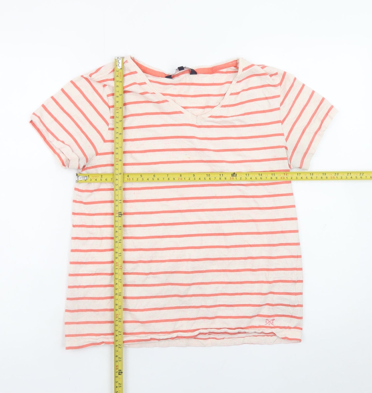 Crew Clothing Company Women's Pink Striped V-Neck Cotton T-Shirt Size 12