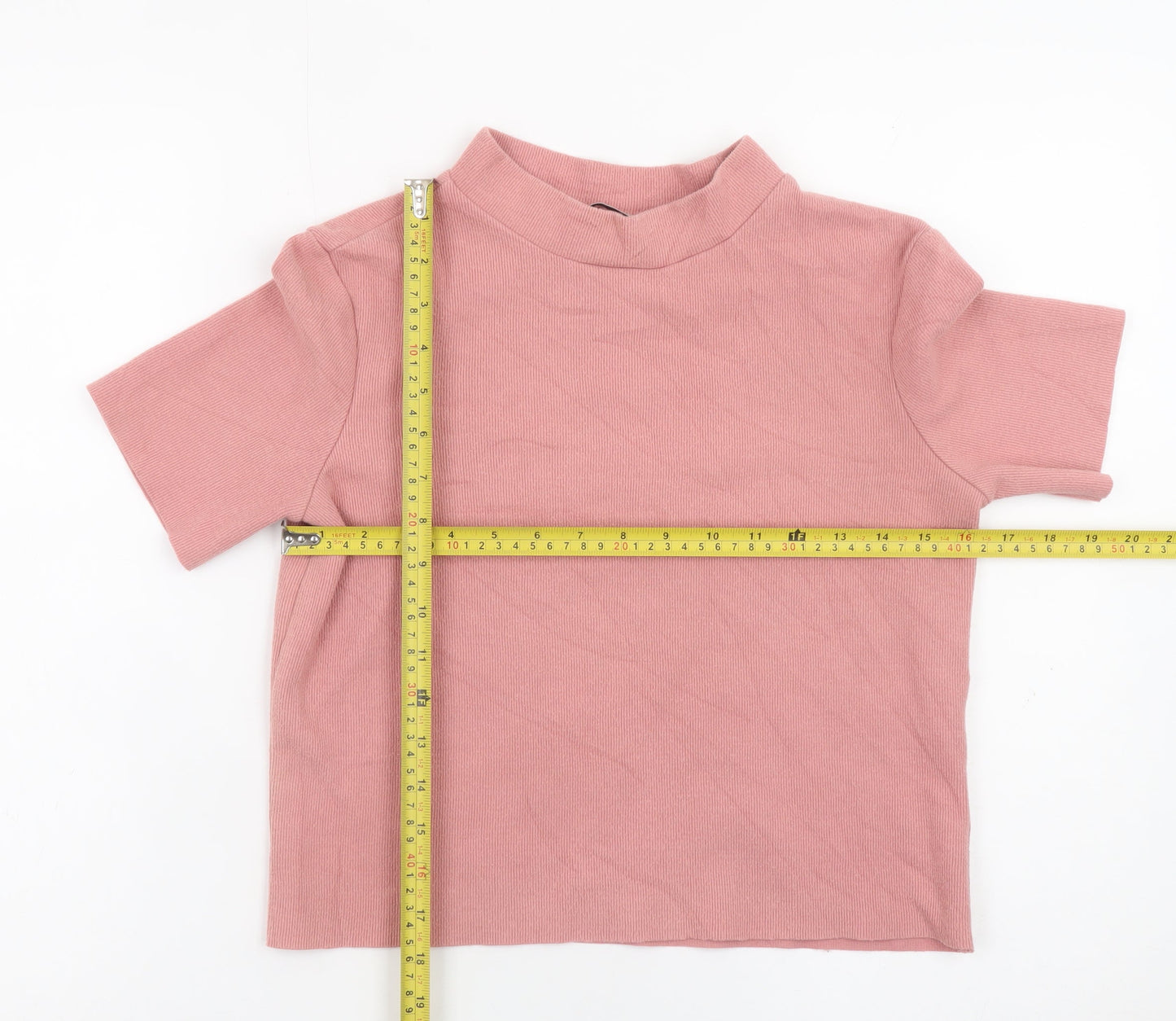 Zara Women Pink High Neck Cropped Ribbed T-Shirt Size S