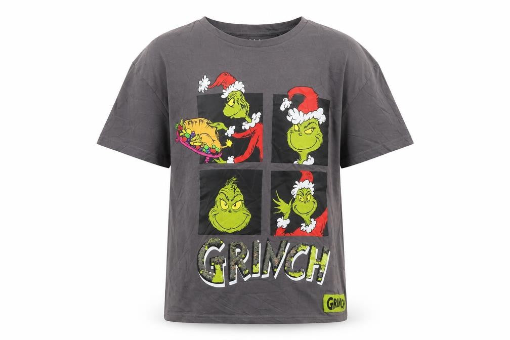 Front view of The Grinch Teens Grey Christmas Graphic Cotton T-Shirt 12-13Y