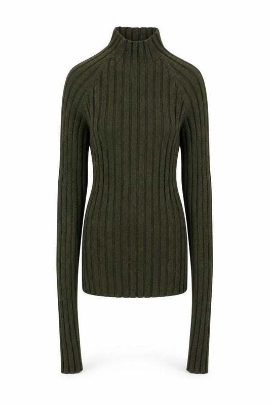 Mango Women's Green Ribbed Knit Long Sleeve Mock Neck Top Size S
