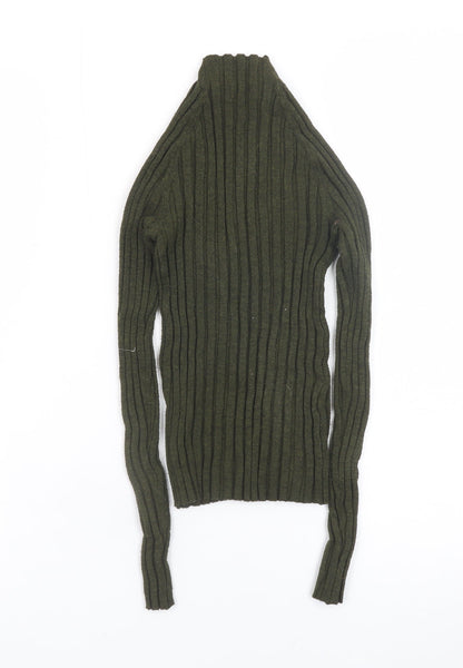 MNG Women's Green Ribbed Knit Long Sleeve Mock Neck Top Size S