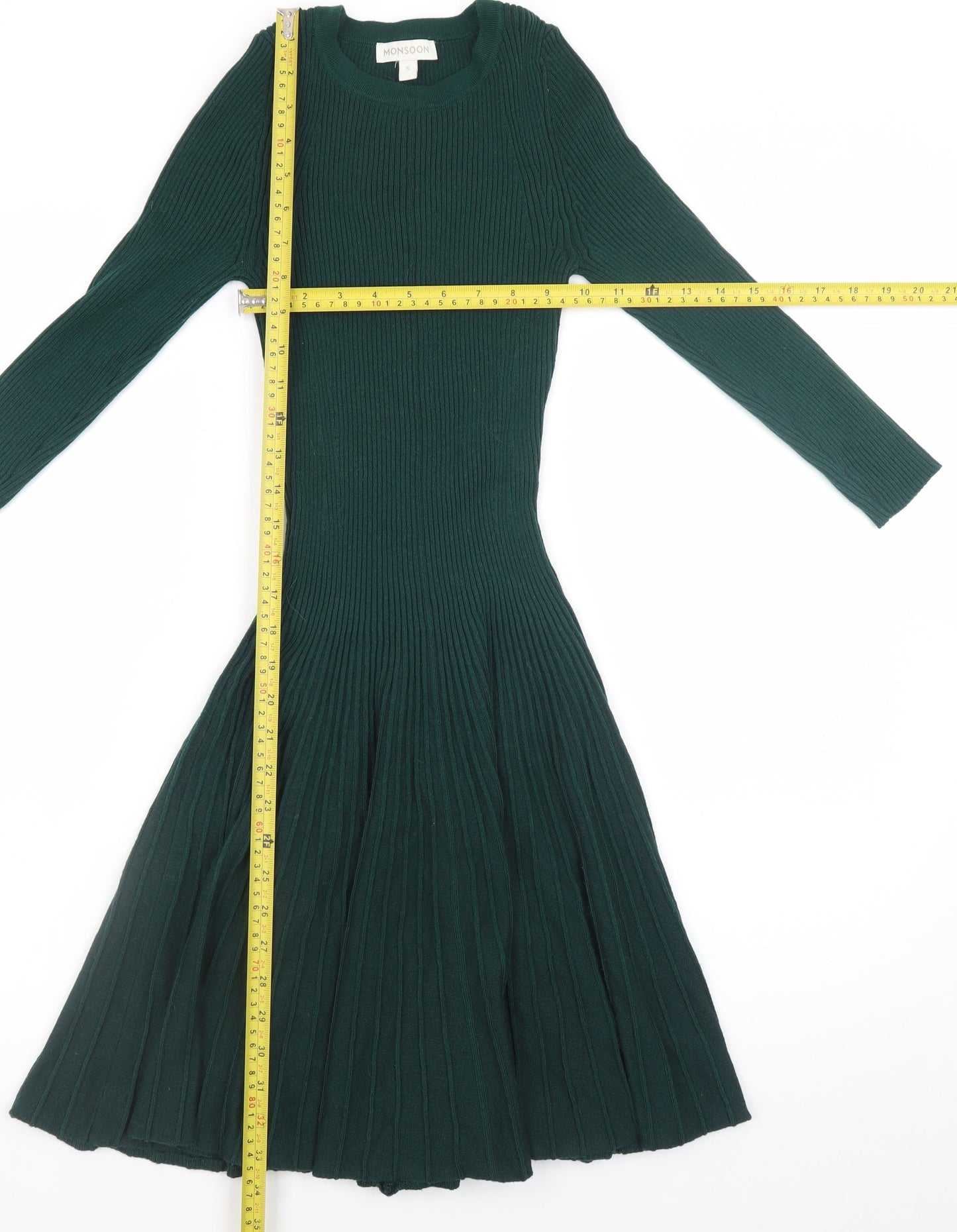 Monsoon Women Green Knit Fit & Flare Midi Dress Size S