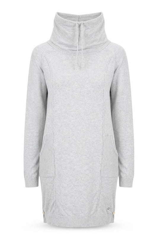 Front view of Mantaray Women’s Grey Jumper Dress, size UK 8, Long Sleeve Hooded Knitwear