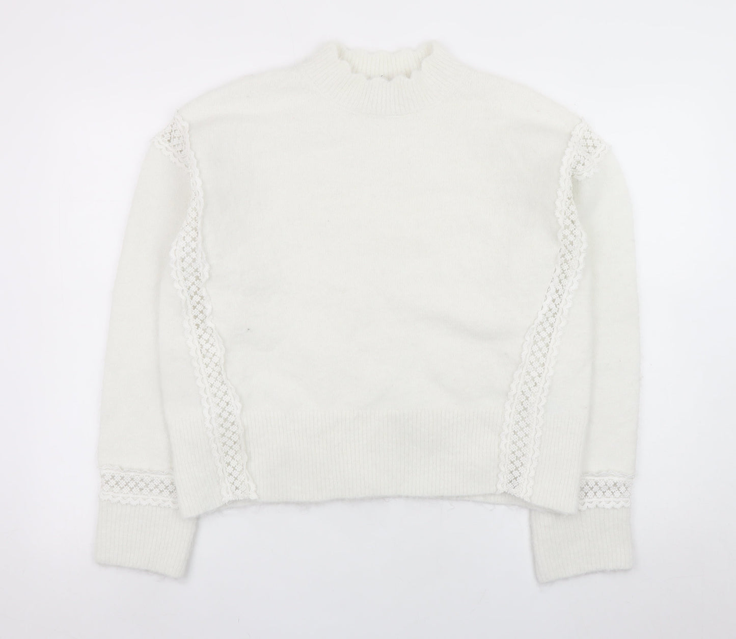 Marks and Spencer Women White Mock Neck Lace Knit Jumper Size M