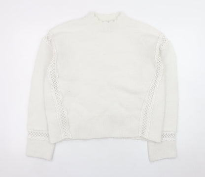 Marks and Spencer Women White Mock Neck Lace Knit Jumper Size M