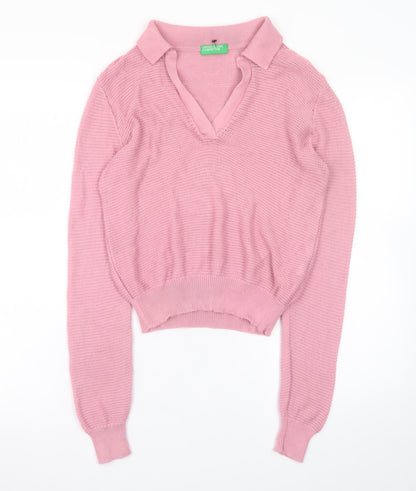 United Colors of Benetton Women’s Pink V-Neck Cotton Knit Jumper XS