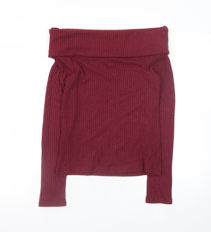 New Look Women's Burgundy Off Shoulder Ribbed Jumper Size 12