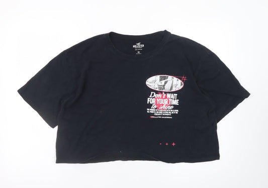 Hollister Womens Black Cropped T-Shirt XL Relaxed Cotton Quote Print