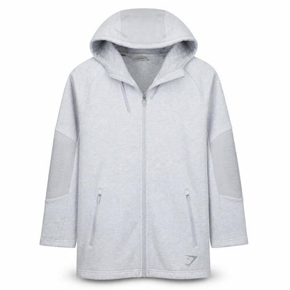 Front view of Gymshark Men’s Grey Full Zip Athletic Hoodie, size S