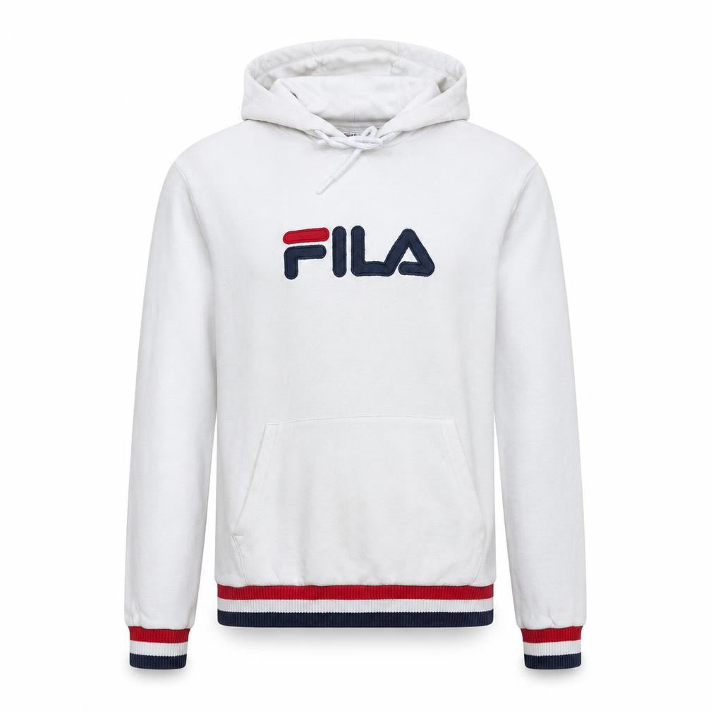 Front view of Fila Men's White Pullover Hoodie S Logo Graphic Cotton Blend