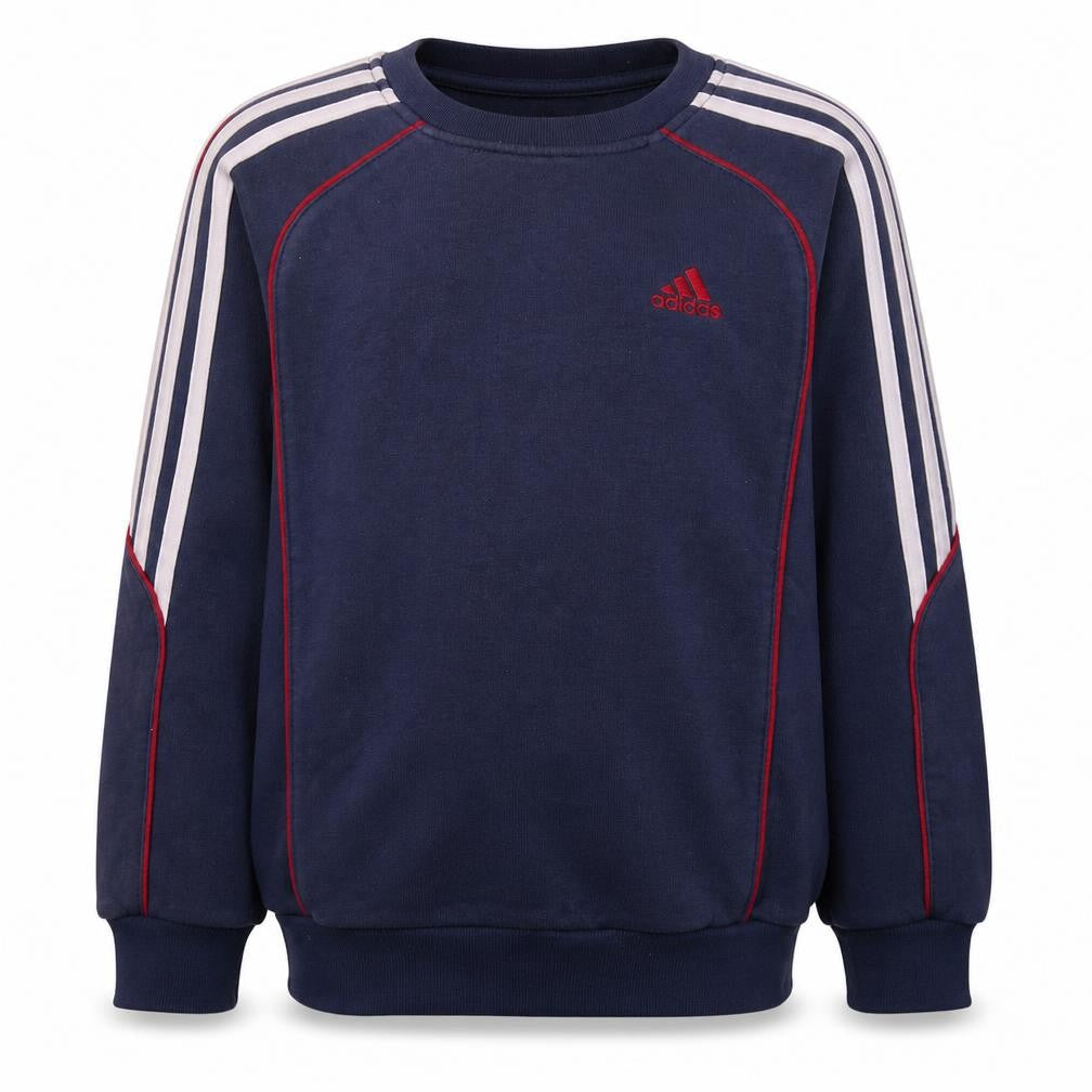 Front view of Adidas boys’ blue crew neck pullover sweatshirt, size 152, logo sportswear