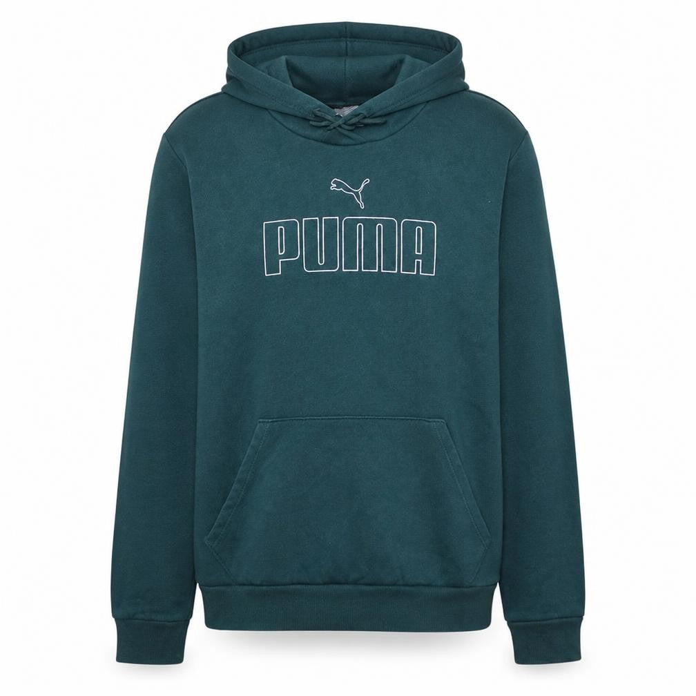Front view of Puma men’s green pullover hoodie l logo graphic sweatshirt