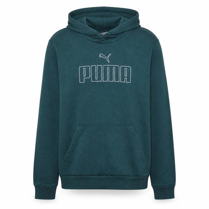 Front view of Puma men’s green pullover hoodie l logo graphic sweatshirt