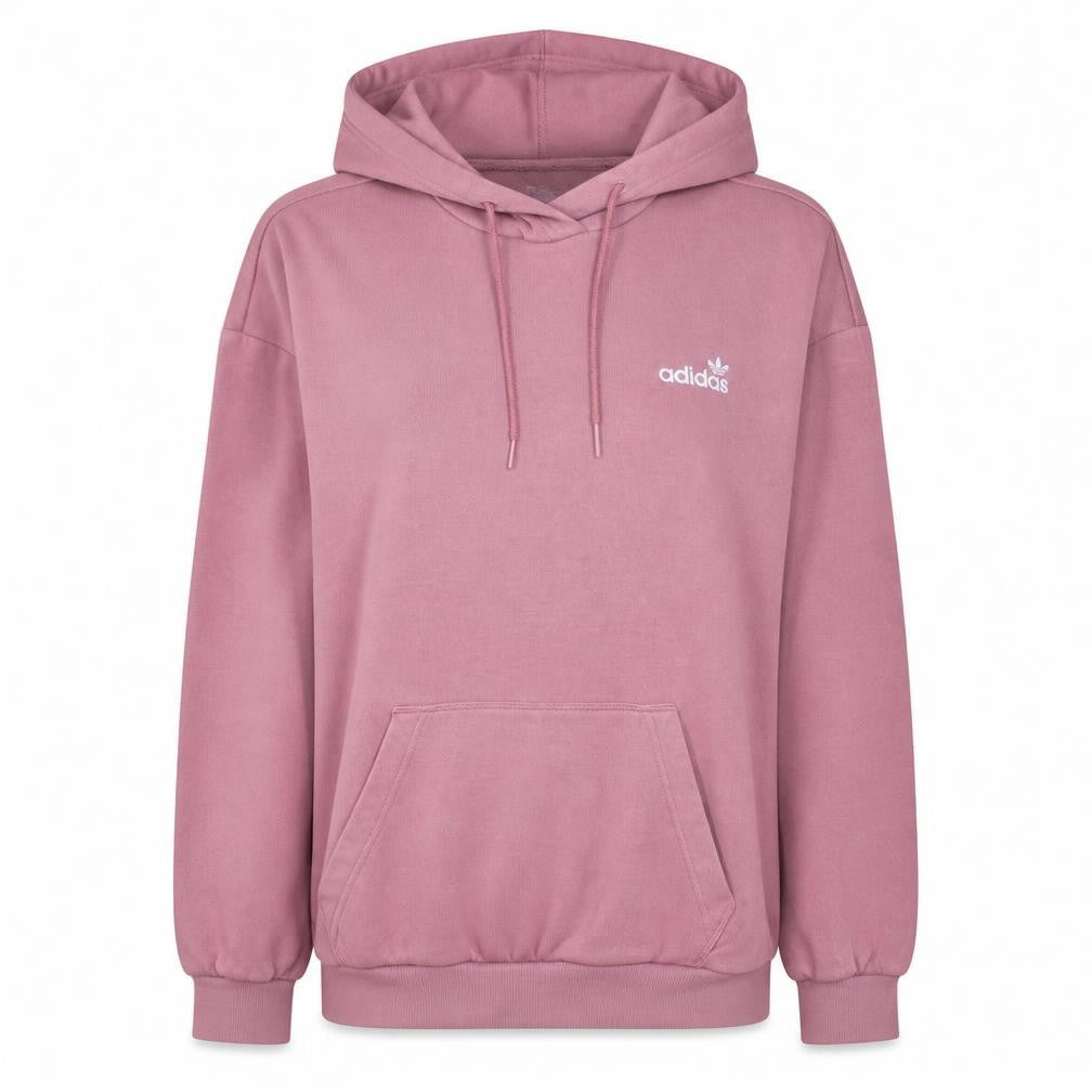 Front view of Adidas women’s pink pullover hoodie, size UK 10, logo hooded sweatshirt