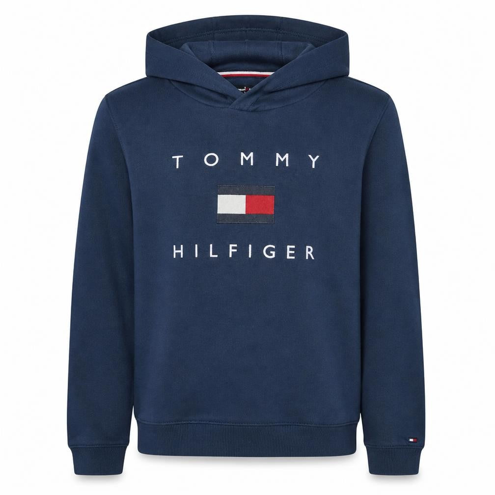 Front view of Tommy Hilfiger boys’ blue pullover hoodie, size 176, logo cotton sweatshirt