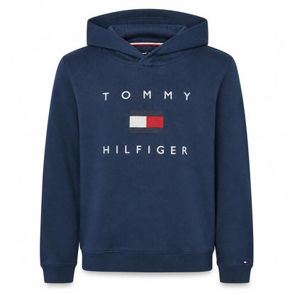 Front view of Tommy Hilfiger boys’ blue pullover hoodie, size 176, logo cotton sweatshirt