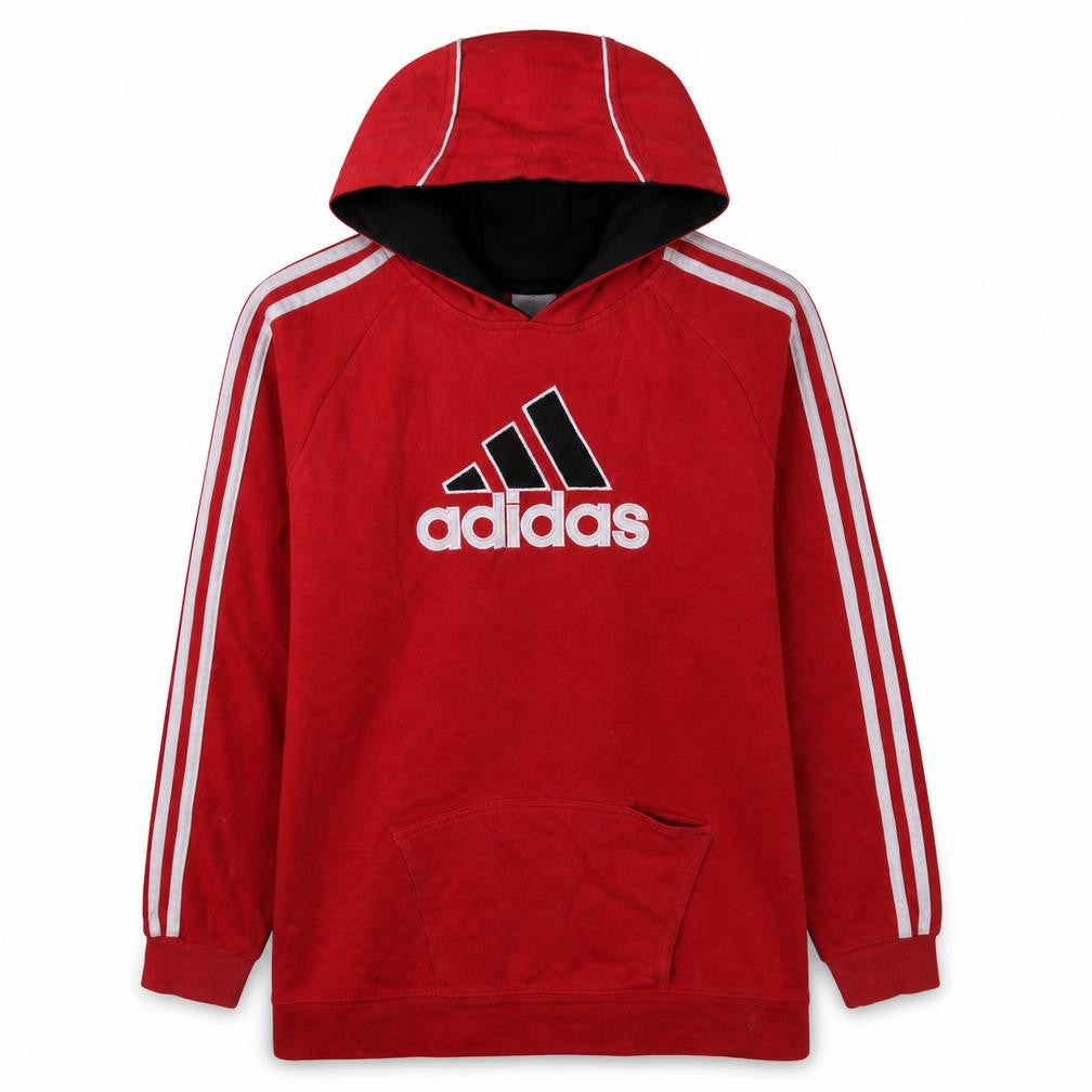 Front view of Adidas boys’ red pullover hoodie 12 years stripe logo fleece sweatshirt