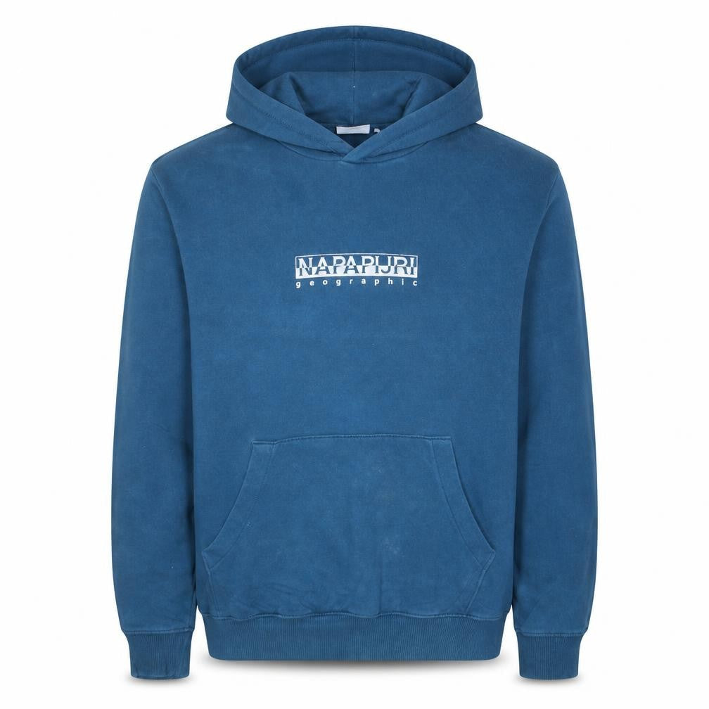 Front view of Napapijri Men's Blue Pullover Hoodie, size S, Logo Graphic Cotton