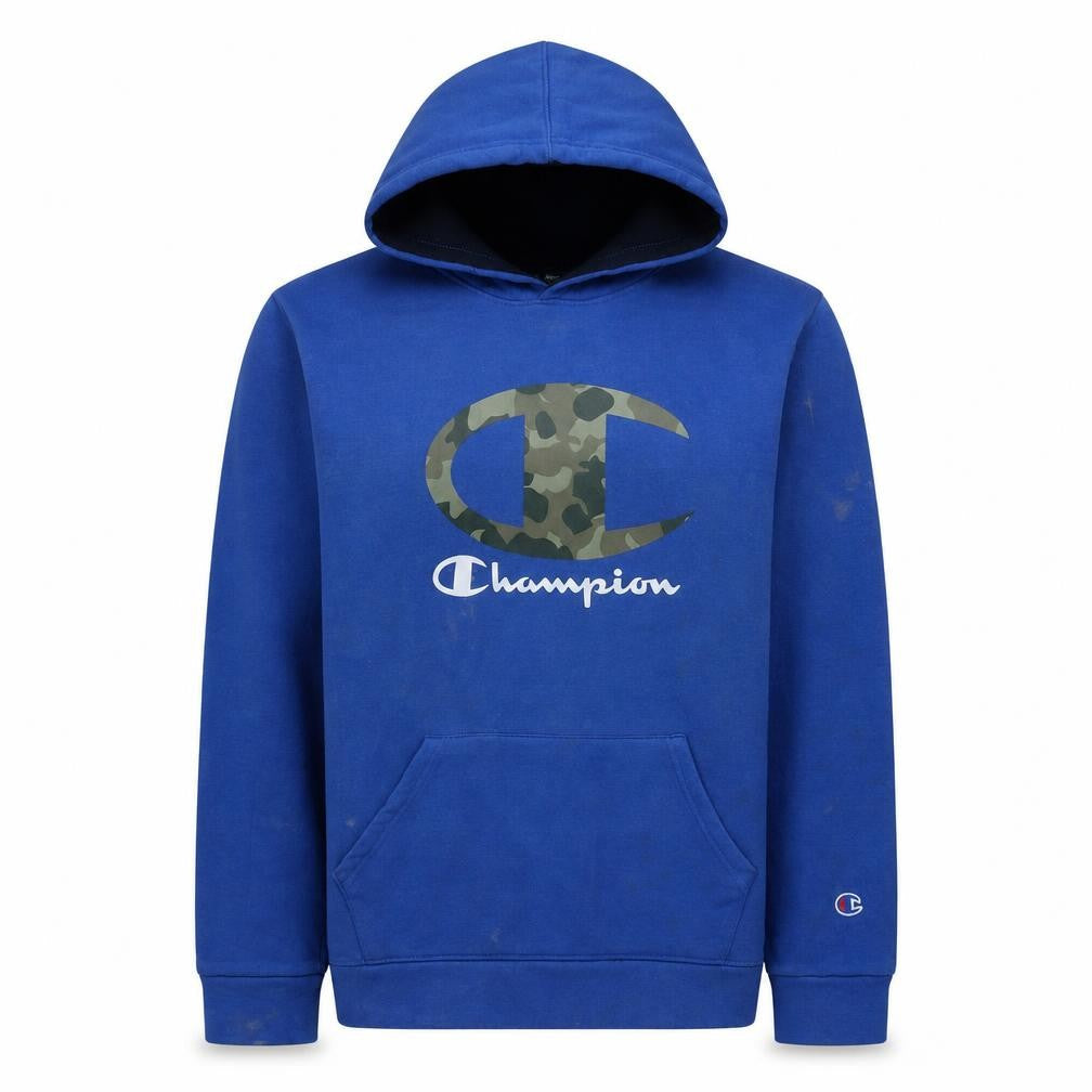 Front view of Champion men’s blue pullover hoodie xl regular fit logo fleece