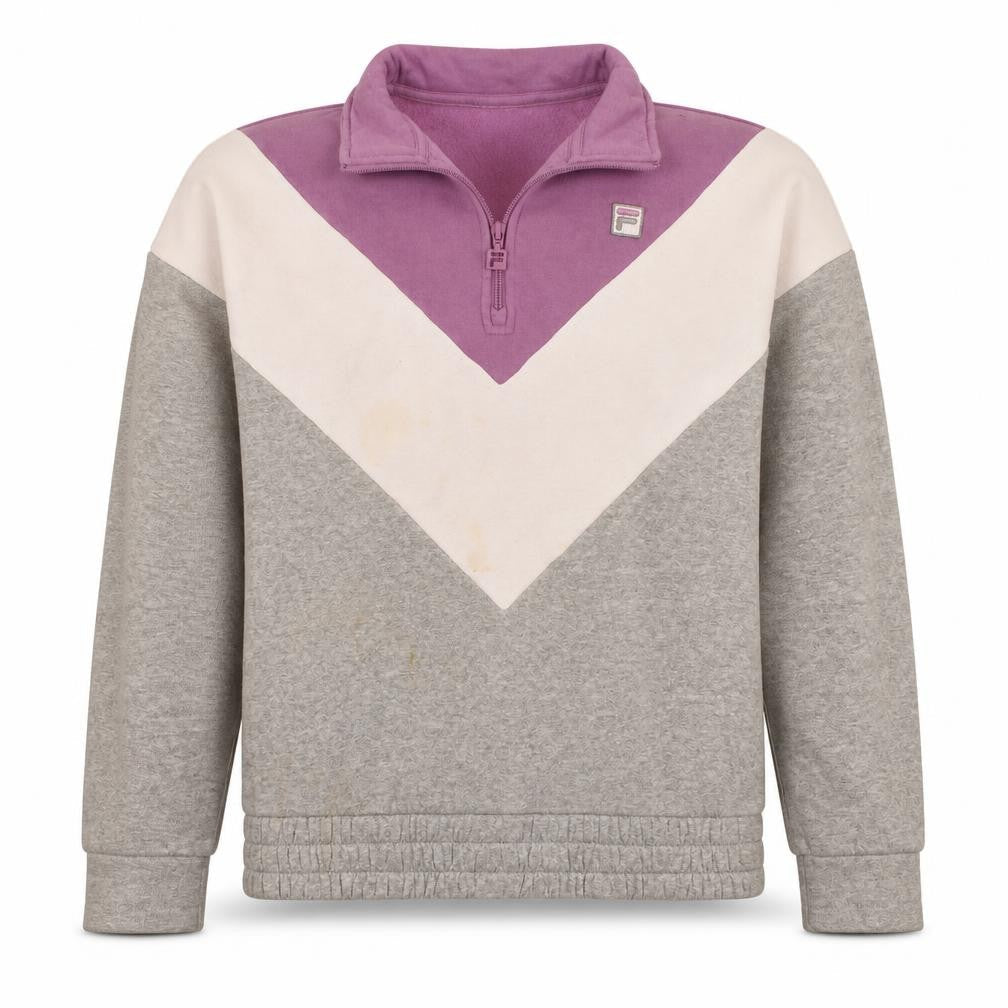 Front view of Fila Women’s Grey Purple Colourblock 1/4 Zip Sweatshirt, size M
