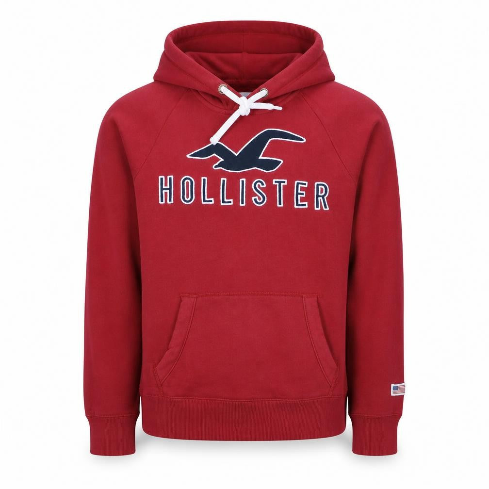 Front view of Hollister Men's Red Pullover Hoodie Small Logo Fleece Sweatshirt