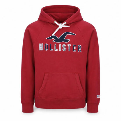 Front view of Hollister Men's Red Pullover Hoodie Small Logo Fleece Sweatshirt