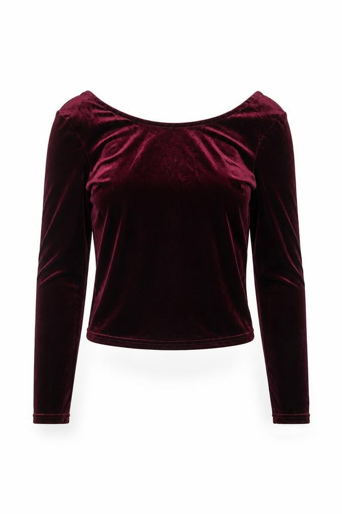 Bershka Women's Red Velvet Cropped Long Sleeve Blouse Size S