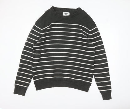 America Today Mens Grey Striped Cotton Crew Neck Jumper 2XL