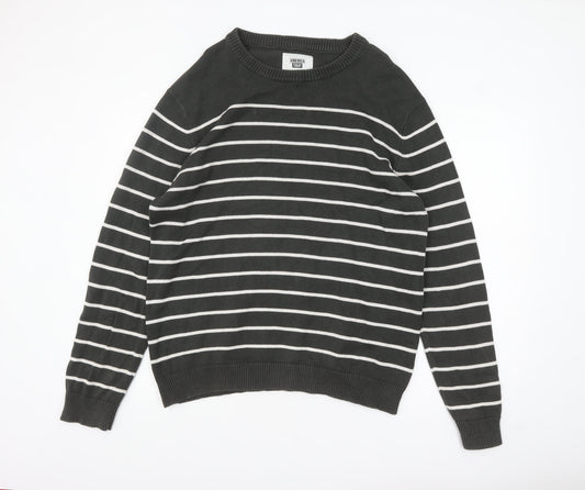 America Today Mens Grey Striped Cotton Crew Neck Jumper 2XL