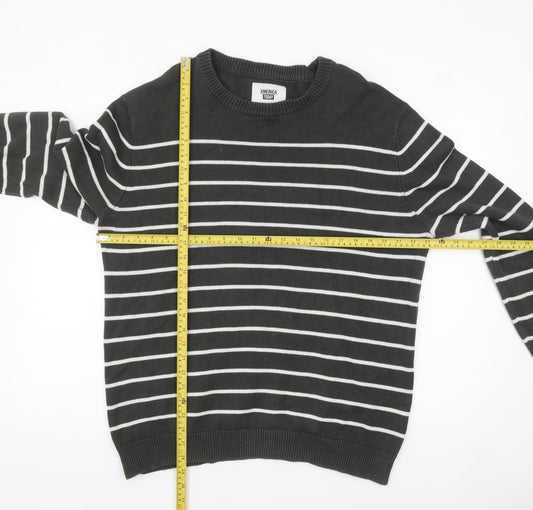 America Today Mens Grey Striped Cotton Crew Neck Jumper 2XL