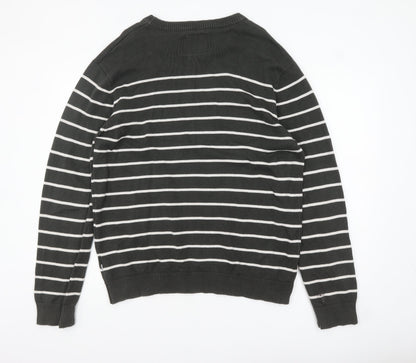 America Today Mens Grey Striped Cotton Crew Neck Jumper 2XL
