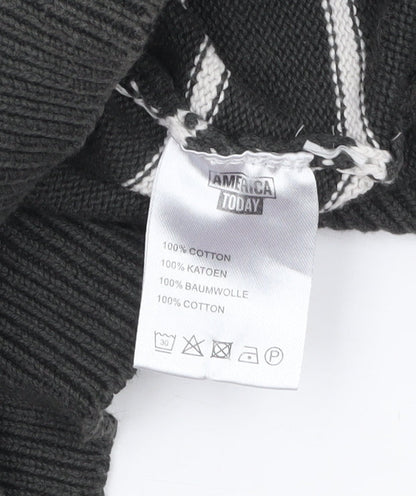 America Today Mens Grey Striped Cotton Crew Neck Jumper 2XL