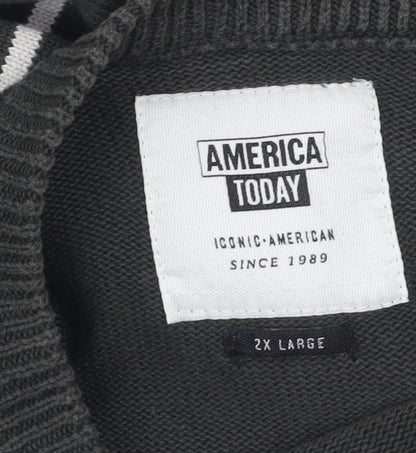 America Today Mens Grey Striped Cotton Crew Neck Jumper 2XL