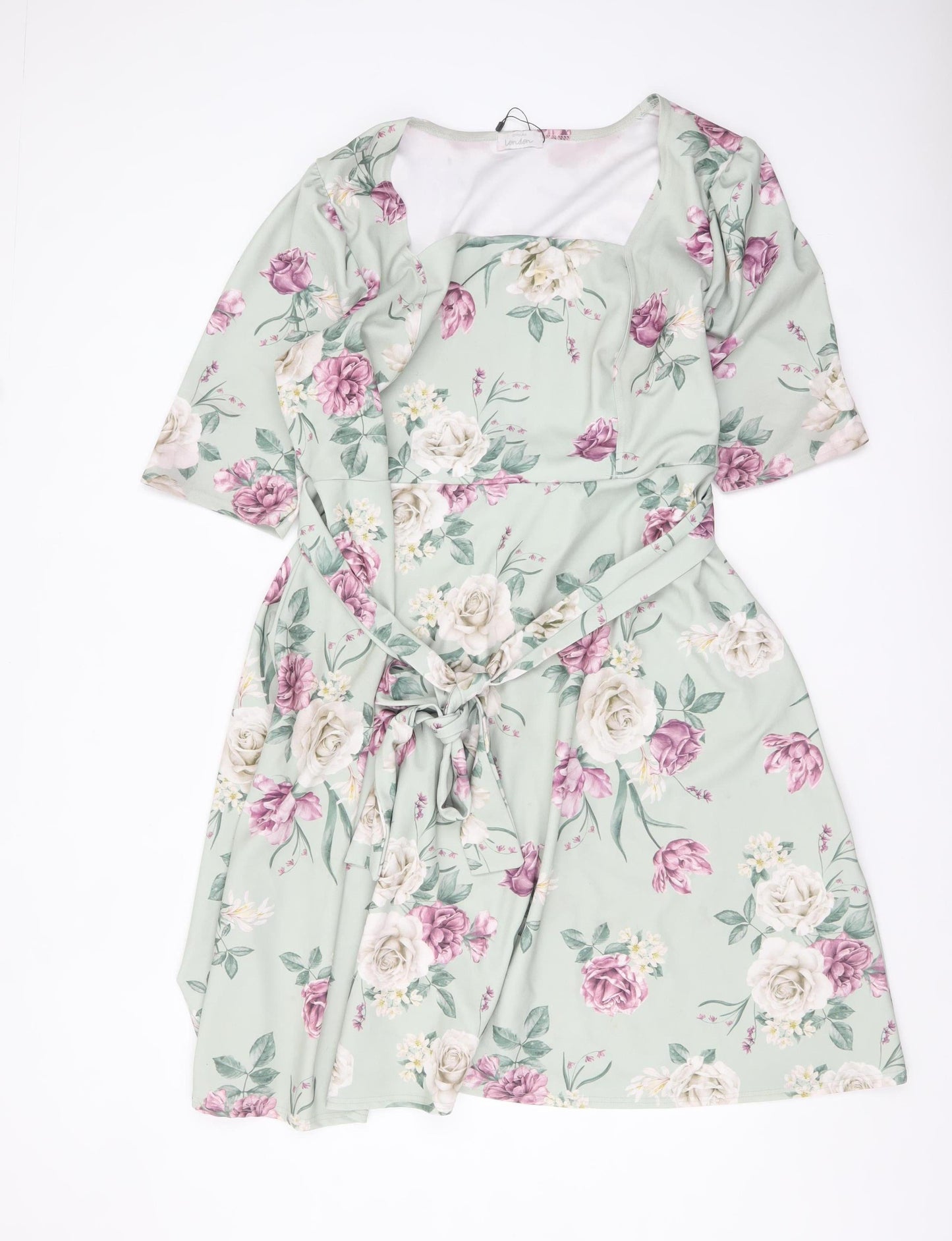 Yours Clothing Women Green Floral Fit & Flare Belted Dress UK 24