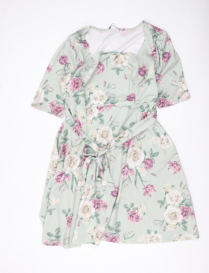 Yours Clothing Women Green Floral Fit & Flare Belted Dress UK 24