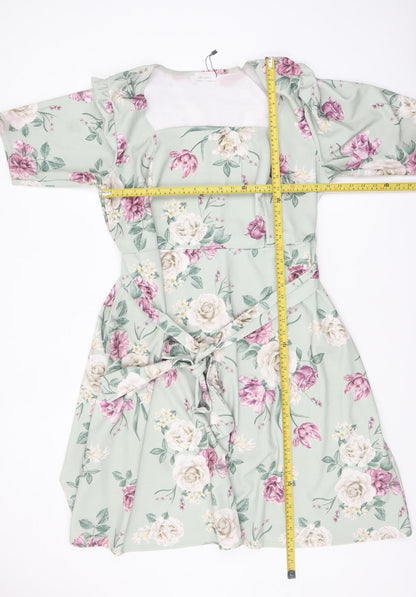 Yours Clothing Women Green Floral Fit & Flare Belted Dress UK 24