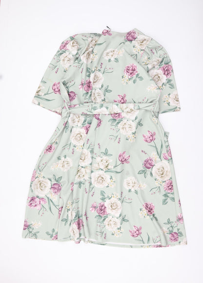 Yours Clothing Women Green Floral Fit & Flare Belted Dress UK 24