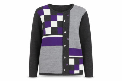 Autonomy Women's Grey Purple Geometric Button Cardigan M