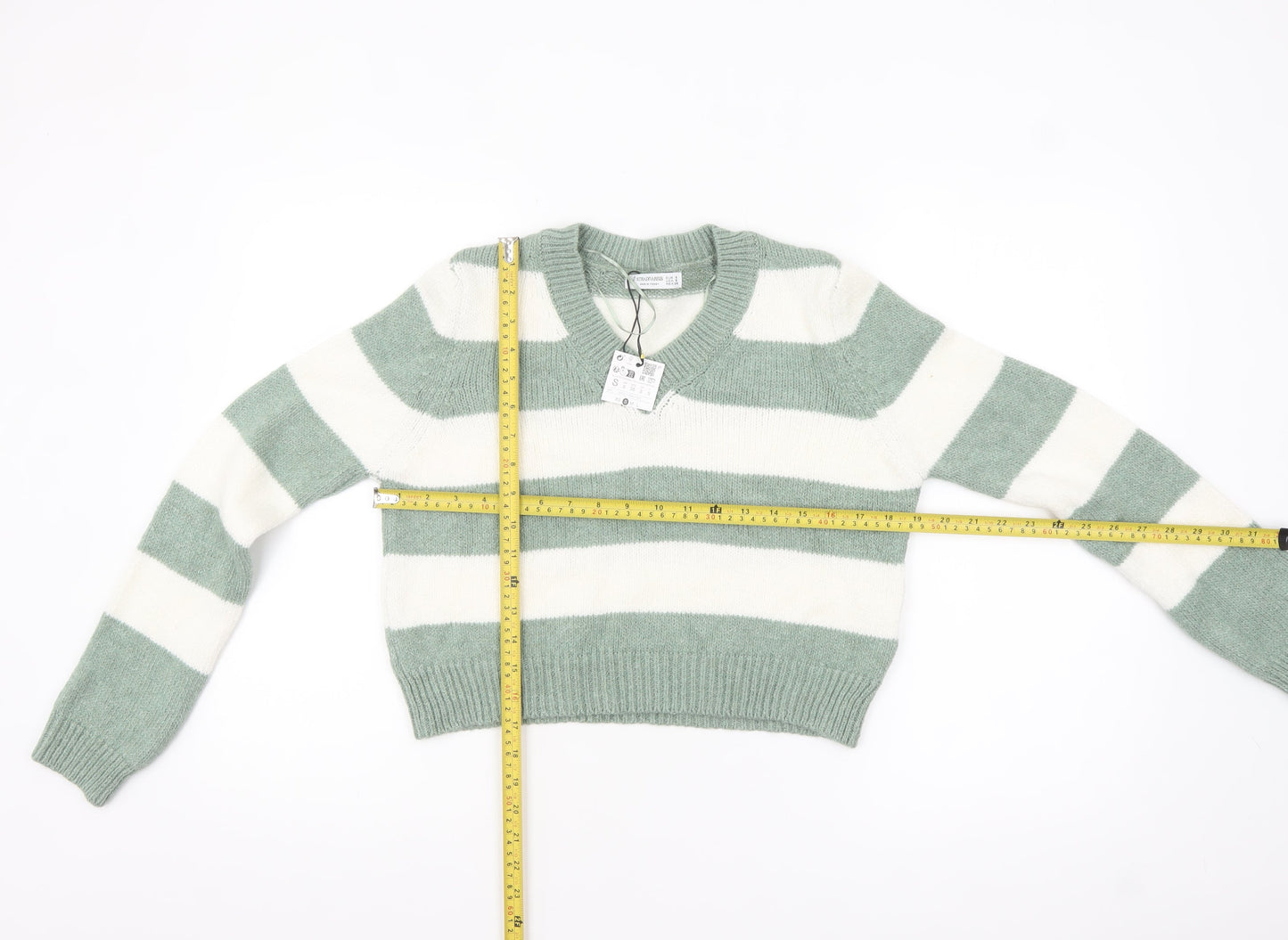 Stradivarius Women Green White Striped V-Neck Pullover Jumper Size 8