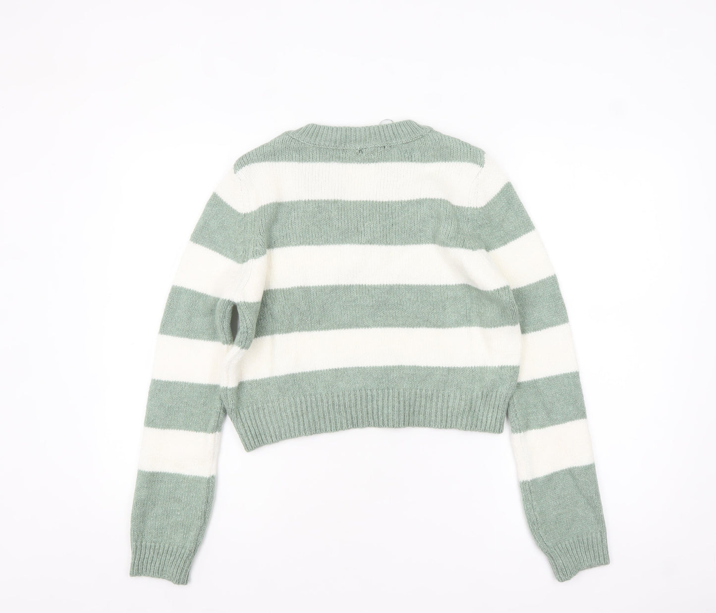 Stradivarius Women Green White Striped V-Neck Pullover Jumper Size 8