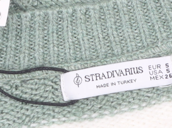 Stradivarius Women Green White Striped V-Neck Pullover Jumper Size 8