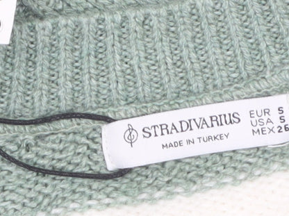 Stradivarius Women Green White Striped V-Neck Pullover Jumper Size 8