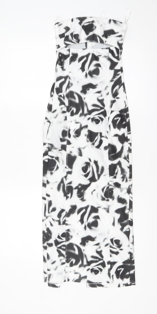 Bershka Womens Black White Floral Bodycon Midi Dress XS