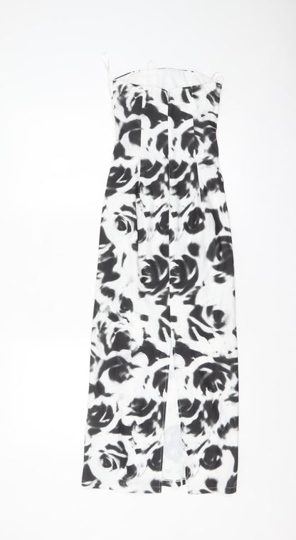 Bershka Womens Black White Floral Bodycon Midi Dress XS