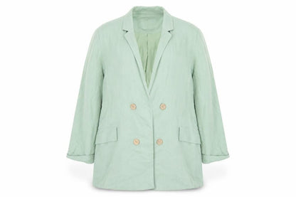 Stradivarius Women Green Double-Breasted Blazer XL Linen Blend