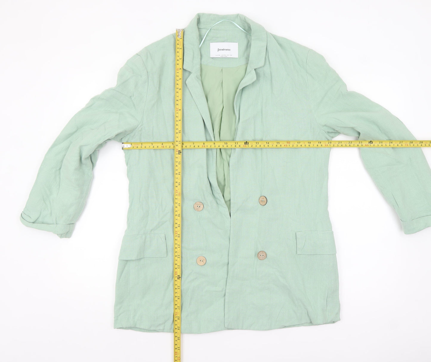 Stradivarius Women Green Double-Breasted Blazer XL Linen Blend