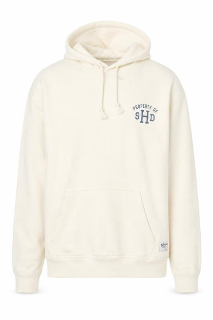Front view of The Stronghold Men's Ivory Pullover Hoodie M Logo Fleece Sweatshirt