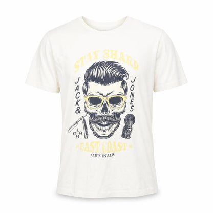Front view of Jack & Jones Originals Men's White Graphic Skull Print Cotton T-Shirt, size S