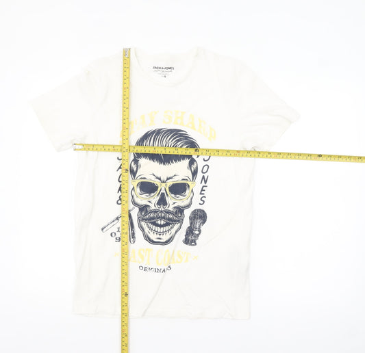 Jack & Jones Originals Men's White Graphic Skull Print Cotton T-Shirt Size S